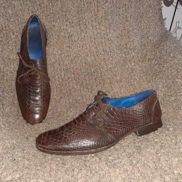 JOHN FLUEVOG-The Headliners-Gable Faux-Python Snakeskin Leather Derby-Sz 9-VG - Picture 1 of 8